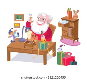 Cute Santa makes gifts for children. Santa Claus workshop with furniture, items, gifts, letters. Winter Christmas holidays. Vector cartoon illustration, scene for posters on white background. 