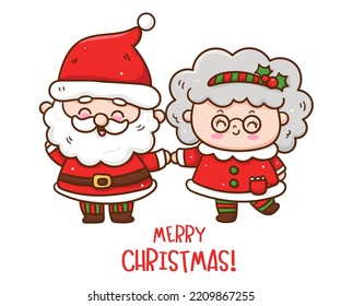 Cute Santa and mrs claus cartoon Character Christmas card. X mas (happy new year kids) kawaii vector for fairy tale book. Perfect make a wish for celebration party children, princess party, pattern.