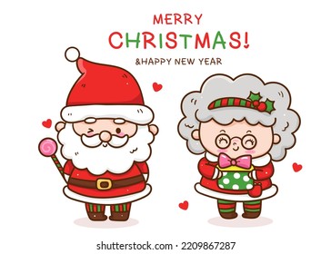 Cute Santa and mrs claus cartoon Character with candy Christmas card. X mas (happy new year kids) kawaii vector for fairy tale book. Perfect make a wish for celebration party children, princess party.