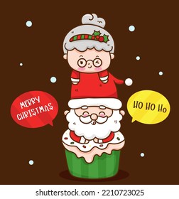 Cute Santa and mrs claus cartoon christmas cupcake. X mas card (happy new year kids) kawaii vector for fairy tale book. Perfect make a wish for celebration party children, princess party, pattern.