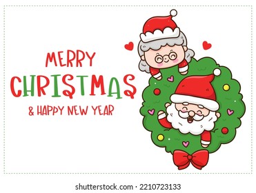 Cute Santa and mrs claus cartoon christmas wreath door. X mas card (happy new year kids) kawaii vector for fairy tale book. Perfect make a wish for celebration party children, princess party, pattern.