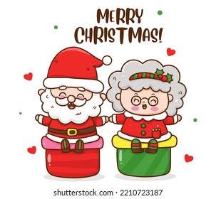 Cute Santa and mrs claus cartoon christmas gift. X mas card (happy new year kids) kawaii vector for fairy tale book. Perfect make a wish for celebration party children, princess party, pattern.