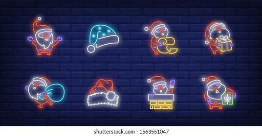 Cute Santa neon sign set. Santa Claus holding present, carrying bag with gifts, reading list. Vector illustration in neon style, bright banner for topics like Xmas, Christmas party, holiday