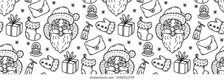 Cute Santa outline pattern. Hand drawn doodle Christmas background. Gift sock, an envelope, mittens and winter glass ball. Festive winter Outline vector. For wallpaper or fabric, packaging, brand.