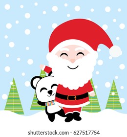 Cute Santa and panda smile on snow background vector cartoon, Xmas postcard, wallpaper, and greeting card, T-shirt design for kids