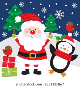 Cute Santa and Penguin vector art