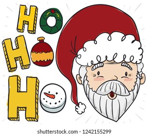 Cute Santa practicing his traditional "ho ho ho" laugh for Christmas celebration with decorative elements: Xmas wreath, tree's ball and snowman face.