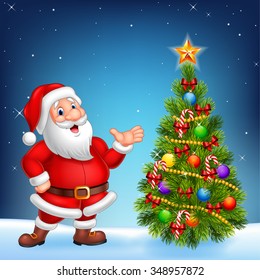 Cute Santa presenting on a night sky background