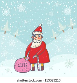 Cute Santa with presents in winter forest. New year cartoon background