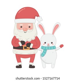cute santa and rabbit characters merry christmas vector illustration