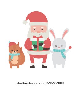 cute santa rabbit and squirrel with gift merry christmas vector illustration