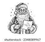 Cute Santa reading a Christmas letter.Vector black and white illustration in sketch style isolated on white background. Coloring book, flat design