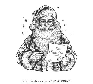 Cute Santa leyendo una carta navideña.Ilustración vectorial en blanco y negro en estilo de esbozo aislada en fondo blanco. Libro de colores, diseño plano