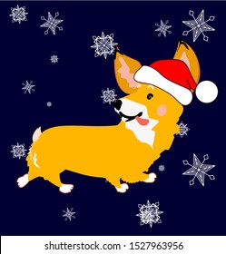 Cute Santa in red hat corgi dog running in snow funny Christmas vector isolated