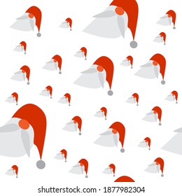Cute Santa with red hood and fluffy beard. Flat and minimal seamless pattern for Christmas and New Year Holidays.