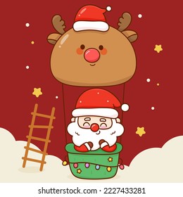 Cute Santa and reindeer balloon Christmas character. X mas card (happy new year kids) kawaii vector for fairy tale book. Perfect make a wish for celebration party children, princess party, pattern.