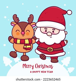 Cute Santa and reindeer cartoon Character Christmas card. X mas (happy new year kids) kawaii vector for fairy tale book. Perfect make a wish for celebration party children, princess party, pattern.