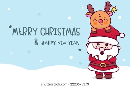 Cute Santa and reindeer cartoon Character Christmas baby. X mas card (happy new year kids) kawaii vector for fairy tale book. Perfect make a wish for celebration party children, princess party.