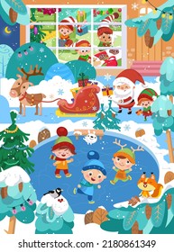 Cute Santa, reindeer, elves are getting ready for Christmas, boys and girls are skating. Animals in forest. Winter scene in cartoon style. Vector illustration for books, puzzles.