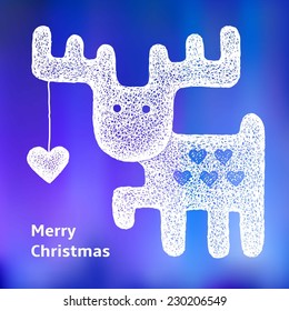 Cute Santa Reindeer with heart decorations on horn. hand-drawn vector greeting card. text: Merry Christmas