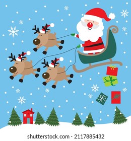 Cute Santa and Reindeer on a sleigh