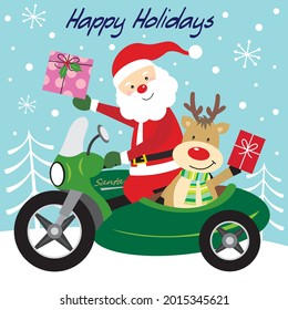 Cute Santa and reindeer riding motorcycle for christmas card, gift bag or box dedign