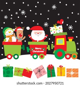 Cute santa, reindeer and snowman in the train for christmas card, gift bag or box design
