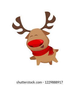 Cute Santa reindeer wearing red scarf, dancing and having fun. Christmas party concept. Vector illustration can be used for festive banners and posters, flyers, party invitations