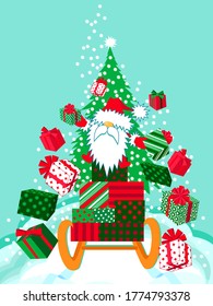 Cute Santa is riding a sleigh and  presents gifts. Lots of gifts in the sled and a beautiful Christmas tree. Merry Christmas and Happy New Year greeting card, poster, cover, background, flyer.Vector