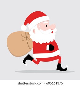 Cute santa is running bring gift sack