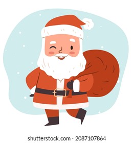Santa con un saco lleno de regalos. Carácter de vector plano para la postal de Feliz Navidad, diseño de tarjeta de felicitación.