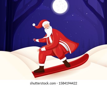 Cute Santa Skating on Winter Night Purple and White background.