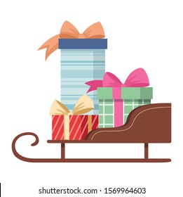 Cute Santa sleigh with presents. Winter holiday celebration. Christmas card background. Vector illustration