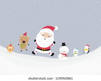 Cute Santa snowman with animal cartoon jumping with happiness over snow floor and snow falling flat color and simply design vector illustration