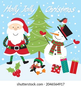 Cute santa and snowman for christmas card, gift bag or box design