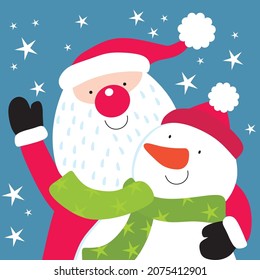 Cute santa and snowman for christmas card, gift bag or box design