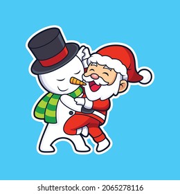 Cute santa and snowman with dancing poses