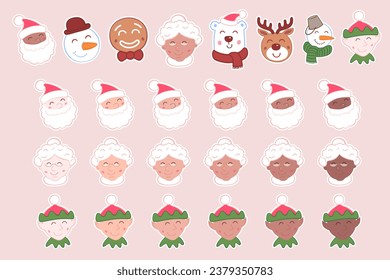 cute santa, snowman, polar bear and other christmas characters stickers with different skin variations