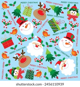 cute santa, snowman, reindeer, penguin and robin pattern