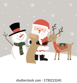 Cute Santa, snowman and reindeer reading Christmas gift list, vector illustration