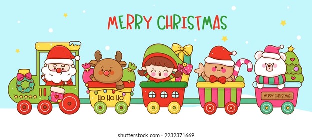 Cute Santa train and Christmas animals cartoon baby character. X mas card (happy new year kids) kawaii vector for fairy tale book. Perfect make a wish for celebration party children, princess party.