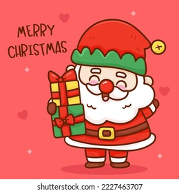 Cute Santa wear elf hat Christmas character. X mas card (happy new year kids) kawaii vector for fairy tale book. Perfect make a wish for celebration party children,princess party, pattern, background.