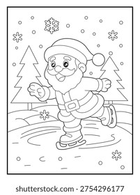 Cute Santa Winter Activity Coloring Page for Kids. Simple Cartoon Character Ice Skating with Snowflakes and Trees Line Art Printable Activity Sheet for Children.
