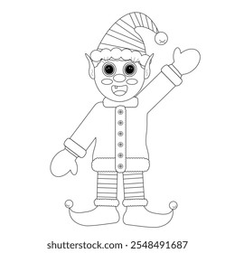 Cute Santas elf in black and white, perfect for holiday-themed coloring activities and Christmas crafts