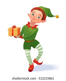 Cute santa's elf boy holding christmas gift. Xmas cartoon character. Vector illustration