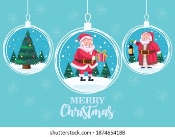cute santas groupin balls hanging comic characters vector illustration design