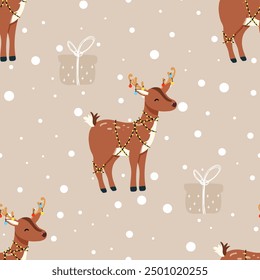 Cute Santa's reindeer with gift box seamless pattern in Scandinavian style. Vector Background for designs of wrapping paper, covers, fabric, textiles. greeting cards. Concept of child clothes