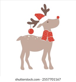 Cute Santa's reindeer in red scarf and hat. 