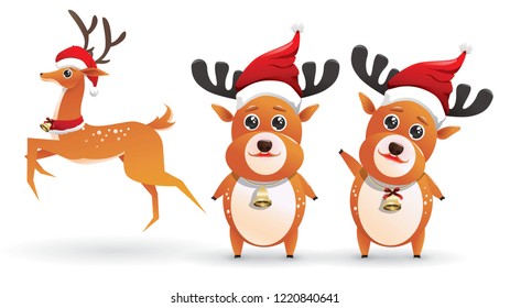 Cute santa's reindeer set collection. Vector illustrations of deer isolated on white background with different pose emotion