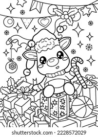 Cute Santa's reindeer is sitting on the gifts. Christmas and New Year. Coloring book for children. Black and white vector illustration.